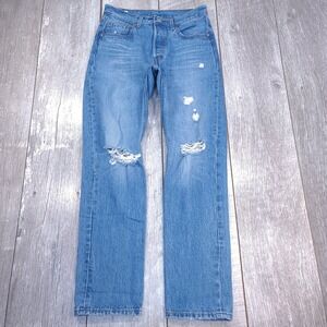 Levis 501 Original Jeans Womens 27x30 Blue Distressed Button Fly Denim